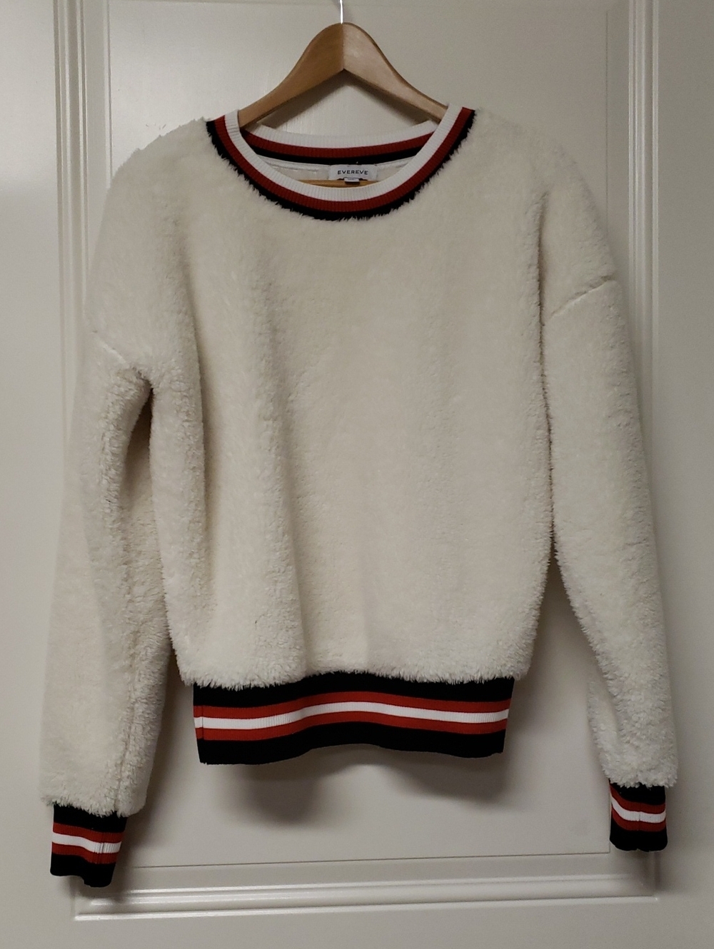Evereve Cream Sherpa Pullover with Red and Black Stripe Trim XS